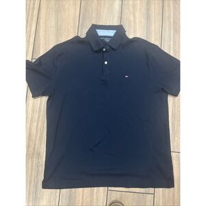 Tommy Hilfiger Polo Mens Large Black Shirt Flag Preppy Casual Classic Fit